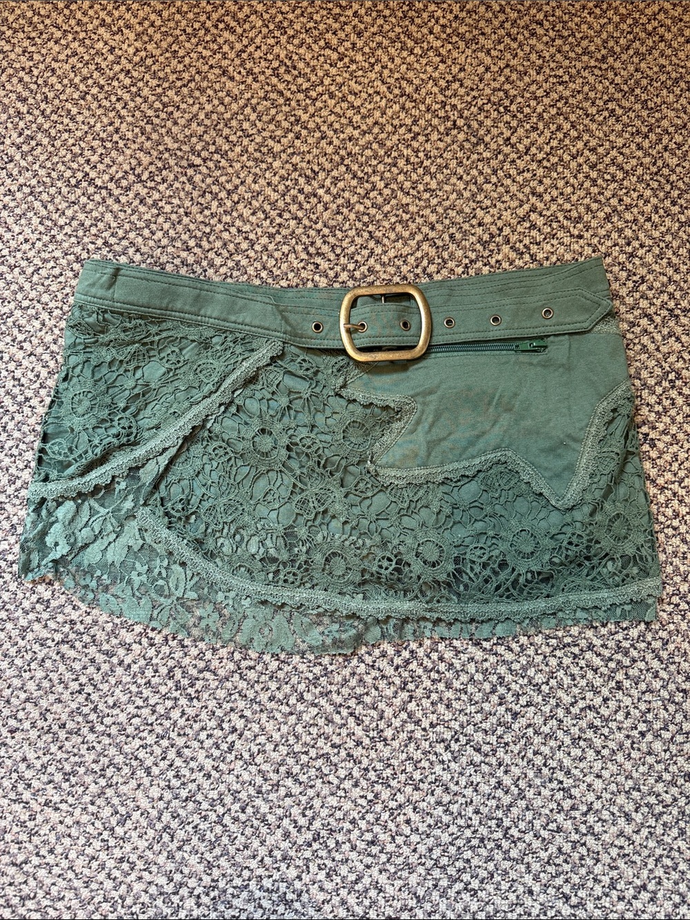 Y2K. The Pyramid Collection Olive Green Lace Micro Skirt with Decorative Belt